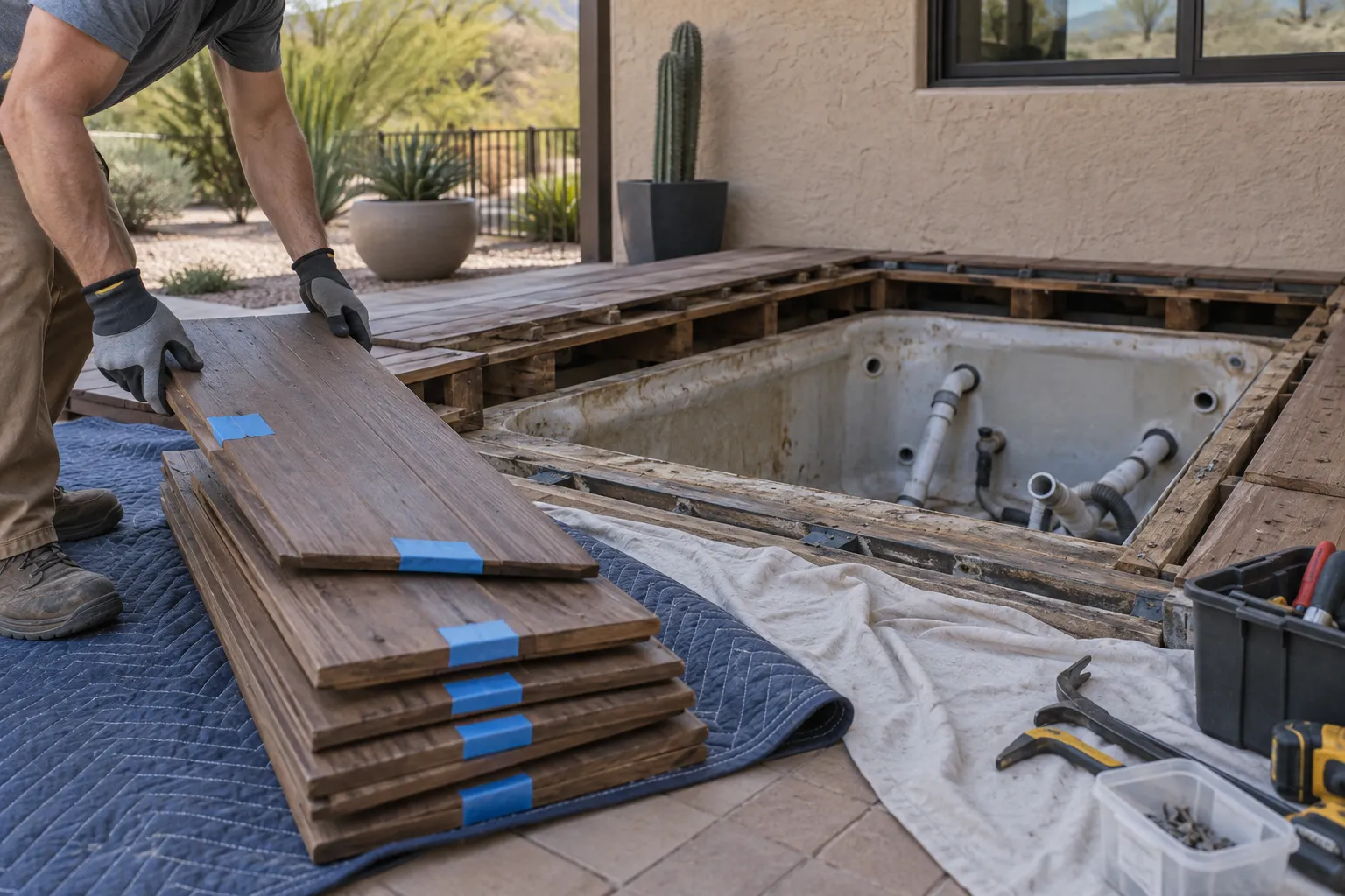 Detail from a professional spa removal planning process